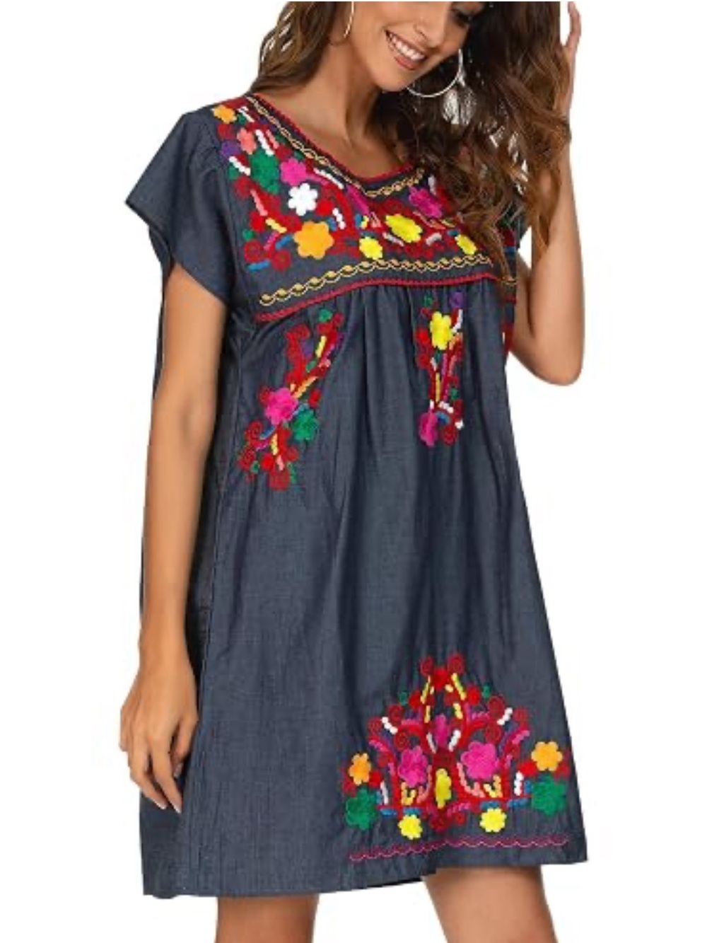 YZXDORWJ Blue Red Floral Embroidered Mexican Peasant Denim Mini Dress Size M